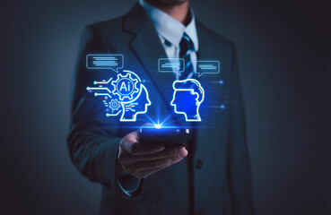 AI Chatbot Assistant or Artificial Intelligence Technology, Digital Chatbot on Smartphone to Access Information in Online Network, Holographic Robot Application and Global Connectivity