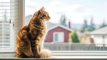An orange tabby cat sits on a windowsill, looking out the window at a suburban neighborhood.