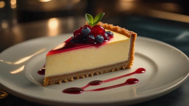 Luxury restaurant-style cheesecake commercial with one slice plated on fine porcelain, berry compote artfully placed on top, soft ambient lighting with subtle reflections on the plate