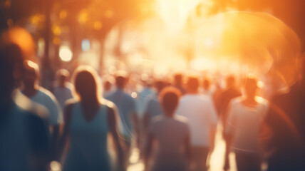 crowd of people on a sunny summer street blurred abstract background in out-of-focus, sun glare image light