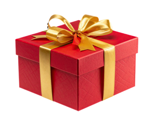 Red square gift box tied with golden ribbon on black background