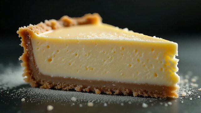 A single cheesecake portion, ultra-detailed creamy surface and crumbly crust texture, fine sugar crystals catching the light