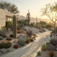 A serene desert garden with a variety of cacti and succulents, a winding pathway, and a modern building under a warm, golden sky.