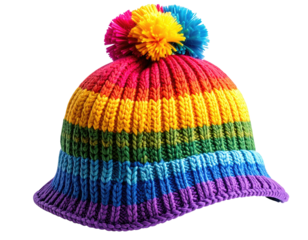 Ribbed knit hat, rainbow stripes with pom-pom, isolated on black