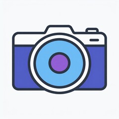 Illustration of a simple blue and purple camera icon on a white background, representing photography and visual creation