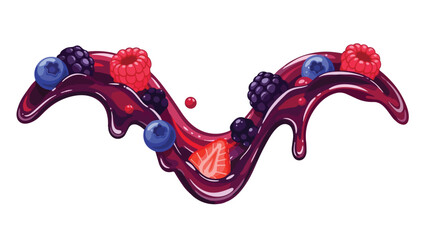 Vibrant sweet berry medley flowing illustration, showcasing blueberries, raspberries, blackberries, and strawberry immersed in rich, glistening