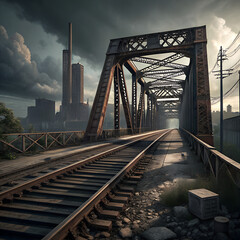Old rusty metal truss bridge with train tracks under a cloudy sky, leading towards distant industrial buildings.
