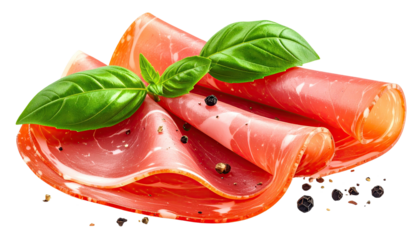 Thinly sliced cured meat with fresh basil sprigs and peppercorns