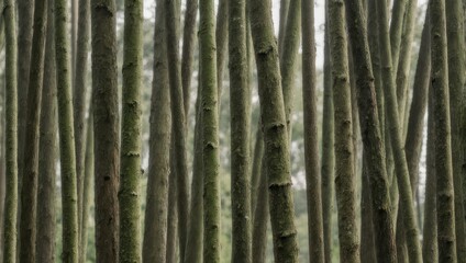Dense grove of young aspen tree trunks in a tranquil forest.