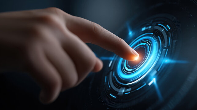 Finger touching glowing blue digital interface with concentric rings and futuristic holographic elements, conveying interaction and technology innovation