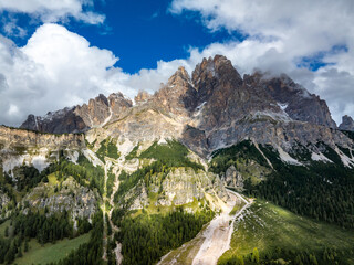Aerial view of the Dolomites mountains in Italy, dramatic alpine landscape