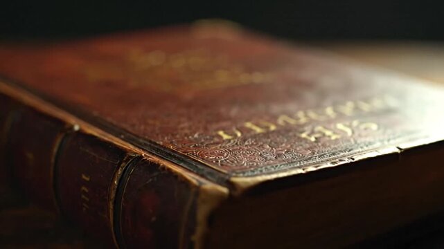 A close-up shot of a richly embossed, aged leather-bound book, with gold lettering