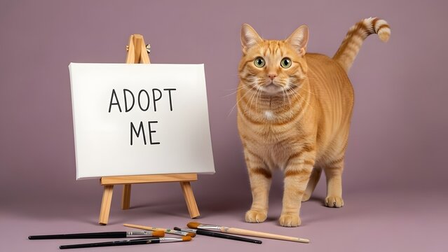 An orange tabby cat stands next to a small easel with a canvas displaying "ADOPT ME" and paintbrushes on the floor, advocating for adoption.