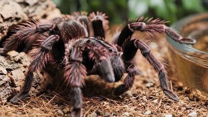 A captivating closeup shot of a large hairy tarantula showcasing its intricate details and formidable presence as it rests on the earthy substrate highlighting the exotic beauty and unique characteri.