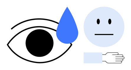 Emotions, mental health, communication, empathy, sadness, personal care. A minimal design shows an eye with a tear, a neutral face and a hand. Emotions and mental health visualization