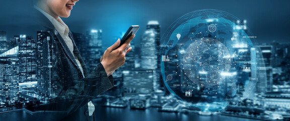 Global business network connecting digital economy and data exchange. Global business expands market, business shares data, global drives finance, and global business supports insight. Vouch