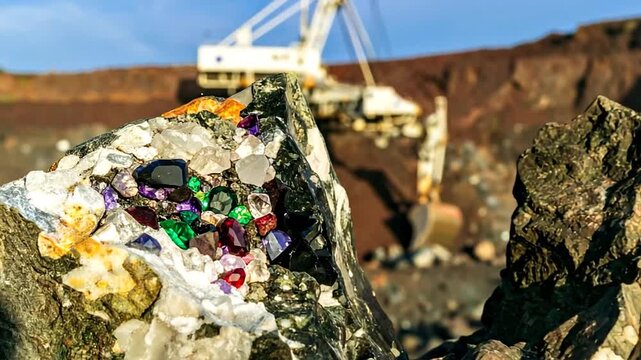 Close-up of a rock formation studded with colorful gemstones, with a mining machine in the background