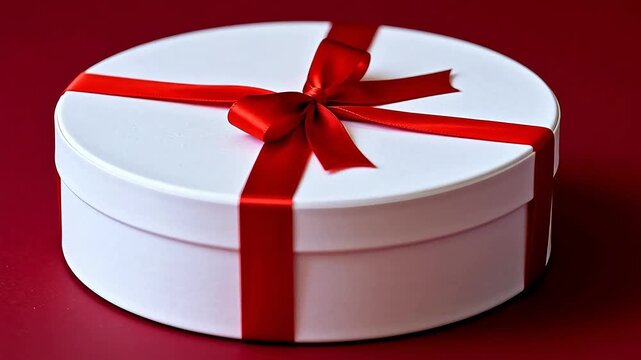 White round gift box with red ribbon