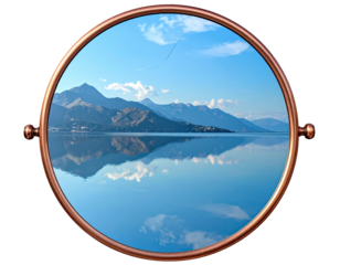 A circular mirror shows mountains reflected in a tranquil lake