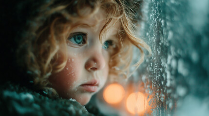 Pensive Child with Curly Hair Looking Out Snowy Window at Christmas Lights