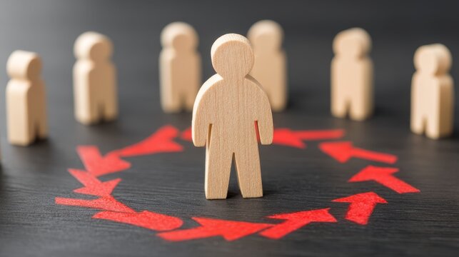 Toxic leadership, burnout emotional stress, employees, Targeted Wooden Figure Surrounded by Red Arrows Symbolizing Workplace Bullying and Toxic Culture - Copy Space Available for Text