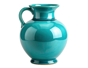 Teal ceramic pitcher with a handle and lip, isolated on black