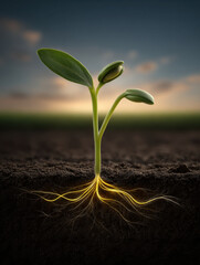 Young soybean sprout seedling germination in soil with glowing root network at sunrise, photorealistic macro plant growth and biology concept