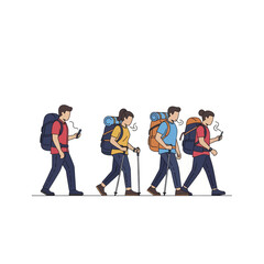 Group of backpack hikers walking in a line.