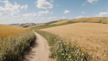 Obraz premium Dirt Path Winding Through Golden Wheat Fields Under a Blue Sky with Clouds.