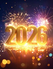&ldquo;2 0 2 6&rdquo; formed with golden metallic numbers glowing brightly in the night sky. Colorful fireworks explode behind and around the text, with sparkling particles and bokeh lights.