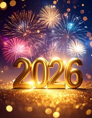 &ldquo;2 0 2 6&rdquo; formed with golden metallic numbers glowing brightly in the night sky. Colorful fireworks explode behind and around the text, with sparkling particles and bokeh lights.
