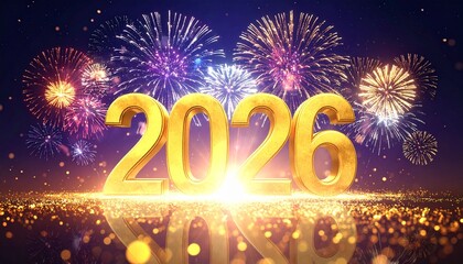 &ldquo;2 0 2 6&rdquo; formed with golden metallic numbers glowing brightly in the night sky. Colorful fireworks explode behind and around the text, with sparkling particles and bokeh lights.