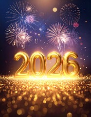 &ldquo;2 0 2 6&rdquo; formed with golden metallic numbers glowing brightly in the night sky. Colorful fireworks explode behind and around the text, with sparkling particles and bokeh lights.