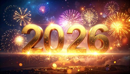 &ldquo;2 0 2 6&rdquo; formed with golden metallic numbers glowing brightly in the night sky. Colorful fireworks explode behind and around the text, with sparkling particles and bokeh lights.