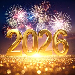 &ldquo;2 0 2 6&rdquo; formed with golden metallic numbers glowing brightly in the night sky. Colorful fireworks explode behind and around the text, with sparkling particles and bokeh lights.