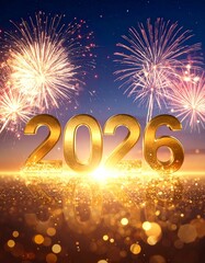 &ldquo;2 0 2 6&rdquo; formed with golden metallic numbers glowing brightly in the night sky. Colorful fireworks explode behind and around the text, with sparkling particles and bokeh lights.