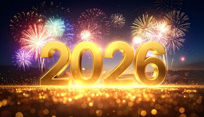 &ldquo;2 0 2 6&rdquo; formed with golden metallic numbers glowing brightly in the night sky. Colorful fireworks explode behind and around the text, with sparkling particles and bokeh lights.