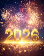 &ldquo;2 0 2 6&rdquo; formed with golden metallic numbers glowing brightly in the night sky. Colorful fireworks explode behind and around the text, with sparkling particles and bokeh lights.