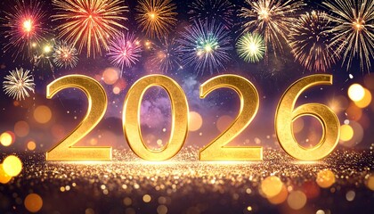 &ldquo;2 0 2 6&rdquo; formed with golden metallic numbers glowing brightly in the night sky. Colorful fireworks explode behind and around the text, with sparkling particles and bokeh lights.