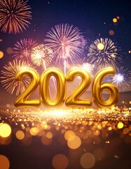 &ldquo;2 0 2 6&rdquo; formed with golden metallic numbers glowing brightly in the night sky. Colorful fireworks explode behind and around the text, with sparkling particles and bokeh lights.