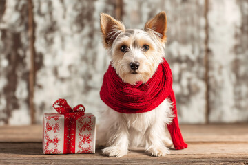 Cute Small Dog in Red Scarf with Christmas Gift on Wooden Background
