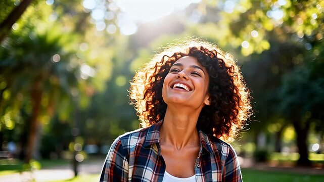 Woman smiling with arms outstretched outdoors