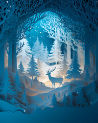 Mystical Paper Cut Winter Forest with Deer and Glowing Blue Light