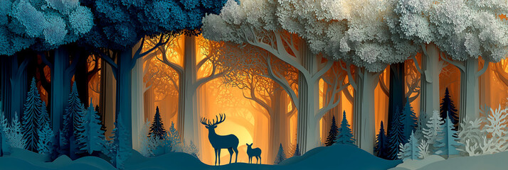 Panoramic Winter Forest with Deer Silhouette and Golden Sunlight Glow