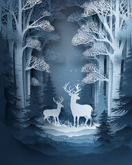 Enchanting Blue Winter Forest with Paper Cut Deer and Snowfall
