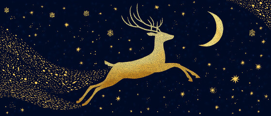 Golden Textured Reindeer Leaping Under Starry Night Sky Illustration
