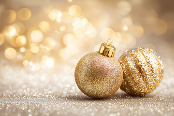 Sparkling Golden Christmas Decorations with Warm Bokeh Background