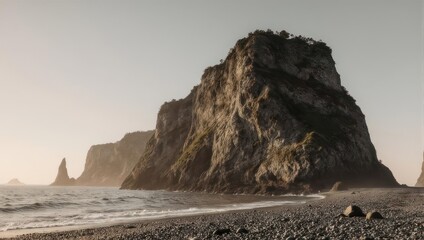 Dramatic Coastal Rock Formations Bathed in Soft Morning Light.