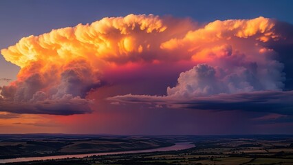 Vibrant sunset cloudscape over river and rolling hills