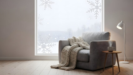 Cozy armchair with blanket by snowy window.